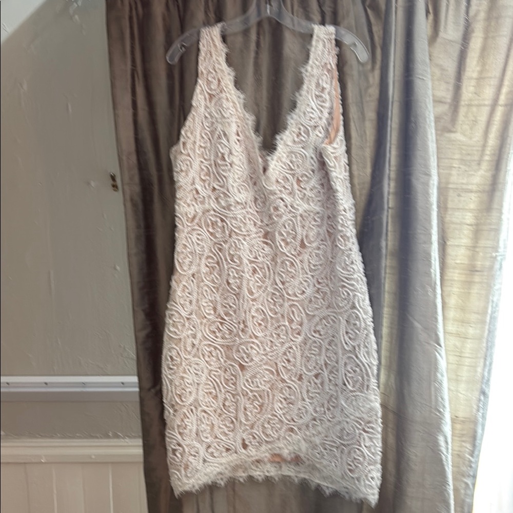 Eye catching white lace dress w nude liner-